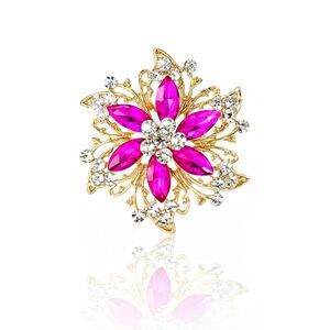 Pink & Colorless Rhinestone Gold Tone Metal Flower Petal Brooch 2.2" Diameter